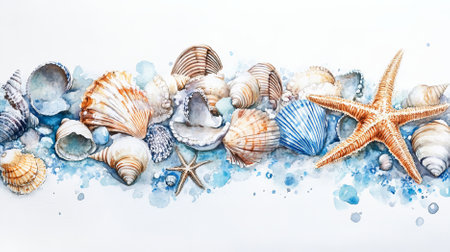 Artistic watercolor depiction of seashells and starfishes in muted tones of blue and brown, creating a calming scene on a white background.の素材