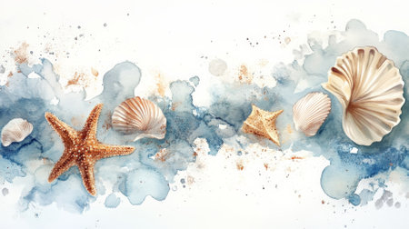 Artistic watercolor depiction of seashells and starfishes in muted blue and brown tones, creating a calming scene on a white background.の素材