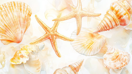 Delicate watercolor artwork of seashells and starfishes in soft hues of yellow and coral, beautifully set against a white background.の素材