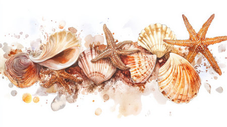 Beautiful watercolor composition of seashells and starfishes in earthy browns and beiges, set artfully against a white background.の素材