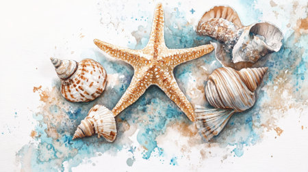 Artistic watercolor depiction of seashells and starfishes in muted tones of blue and brown, creating a calming scene on a white background.の素材