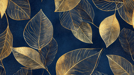 Elegant nature leaves pattern featuring intricate golden leaves on a rich navy background, exuding opulence and luxury.の素材
