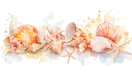 Delicate watercolor illustration of seashells and starfishes in soft coral and yellow hues, beautifully arranged on a white background.の素材
