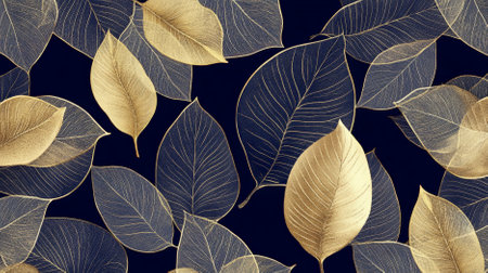 Elegant nature leaves pattern featuring intricate golden leaves on a rich navy background, exuding opulence and luxury.の素材