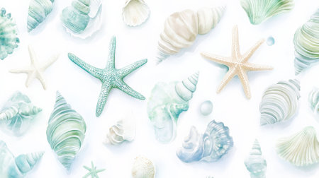 Elegant watercolor illustration of seashells and starfishes in soft greens and blues, arranged harmoniously on a clean white background.の素材