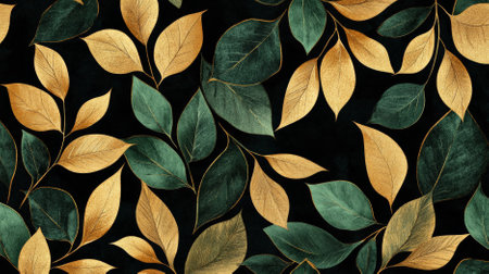Luxurious nature leaves pattern with gold and emerald green leaves intricately arranged on a black background, exuding elegance and opulence.の素材