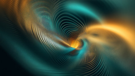 Elegant abstract background with a spiral sound wave rhythm line in gold and teal, forming a sophisticated and dynamic pattern.の素材