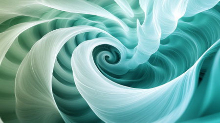 Mesmerizing abstract background showcasing a spiral sound wave rhythm line in soft blues and greens, forming a soothing and rhythmic design.の素材