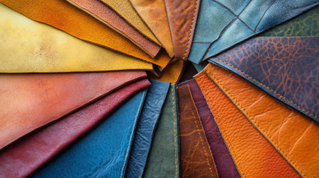 An assortment of colored leather pieces displayed in a fan shape. The colors range from bright oranges and yellows to deep blues and purples, showing a variety of textures and sheens.の素材