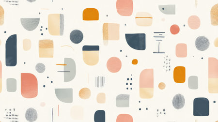 Abstract pattern design in Scandinavian style featuring minimalist geometric shapes in soft pastel colors, creating a calm and serene background.の素材