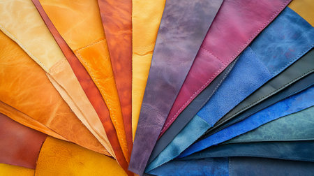 An assortment of colored leather pieces displayed in a fan shape. The colors range from bright oranges and yellows to deep blues and purples, showing a variety of textures and sheens.の素材
