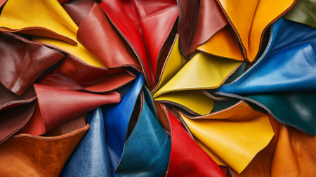 An arrangement of colored leather pieces in the shape of a star. The pieces include shades of red, blue, yellow, and green, with a mix of glossy and matte finishes.の素材