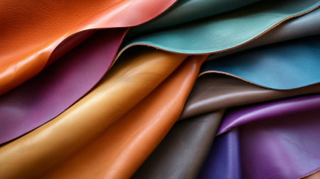 An assortment of colored leather pieces displayed in a cascading pattern. The leathers include shades of orange, purple, green, and blue, each with a smooth, glossy finish.の素材