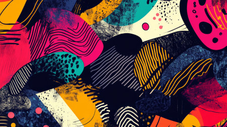 An engaging doodle art header filled with abstract shapes and textured patterns, using bold colors to create a dynamic and lively design.の素材