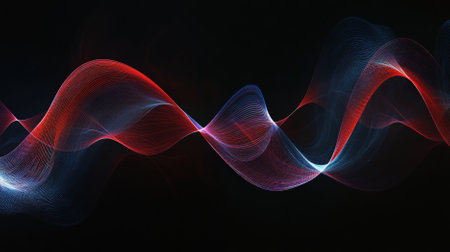 Dynamic abstract background showing a spiral sound wave rhythm line in shades of red and blue, set against a dark background for bold contrast.の素材
