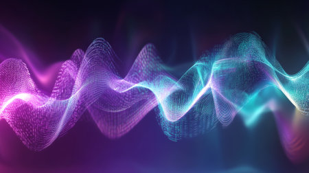 Mesmerizing abstract background showcasing a spiral sound wave rhythm line in shades of turquoise and purple, creating a dynamic and captivating scene.の素材