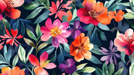 An artistic seamless watercolor floral pattern featuring a mix of wildflowers and leaves in bold, vibrant colors, creating a striking and dynamic design.の素材