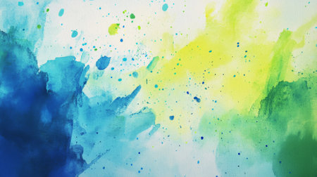 An energetic abstract background with vivid watercolor stain elements in bright blues and greens, creating a dynamic and visually striking composition.の素材