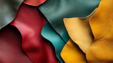Close-up of different colored leather pieces overlapping each other. The leathers include bold colors like red, teal, mustard yellow, and forest green, each with a smooth, matte finish.の素材