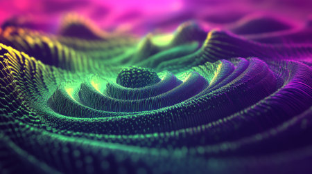 A striking abstract background featuring a spiral sound wave rhythm line in neon green and purple, creating a vibrant and energetic scene.の素材