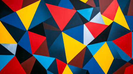 A vibrant geometric pattern with interlocking triangles in bold shades of red, blue, and yellow, creating a dynamic and eye-catching design.の素材