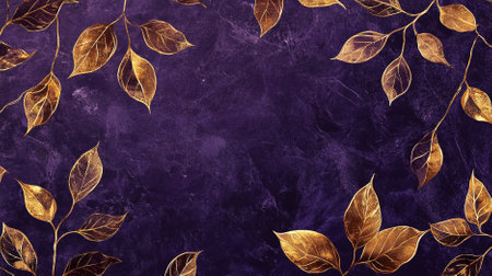 A lavish pattern design showing golden leaves with delicate veining on a royal purple background, creating a regal and luxurious appearance.の素材