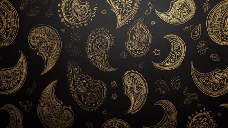 A black background with gold paisley patterns. The rich gold detailing adds a touch of exotic elegance to the sophisticated black surface.の素材