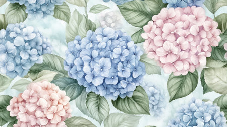 An intricate watercolor floral pattern featuring detailed hydrangeas and foliage in soft pastel tones of blue, pink, and green, creating a serene and elegant design.の素材