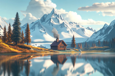 A 3D cartoon-style mountain landscape with snow-capped peaks, a crystal-clear lake reflecting the sky, and a cozy cabin with smoke curling from the chimney. The scene is peaceful and inviting, with soft textures and gentle colors.の素材