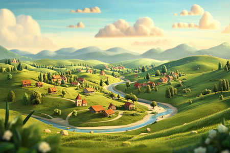 A 3D cartoon-style valley landscape with green rolling hills, a meandering river, and a quaint village nestled at the foot of the mountains. The scene is peaceful and idyllic, with warm, soft colors and a gentle, inviting atmosphere.の素材