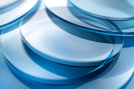 A 3D abstract business background with layered, semi-transparent discs in gradient shades of blue and grey. The depth and layering create a sleek, modern look.の素材