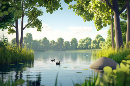A 3D cartoon-style lake landscape with a calm, reflective surface, tall, shady trees lining the shore, and a few ducks swimming peacefully. The scene is serene and relaxing, with soft, inviting colors and a gentle breeze rustling the leaves.の素材