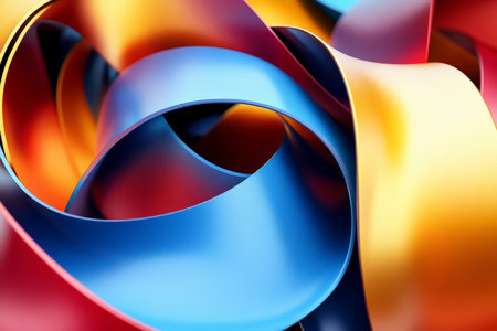 A dynamic 3D design with multicolored twisted ribbons in shades of blue, red, and yellow. The ribbons have a smooth, flowing texture and create a lively visual effect.の素材