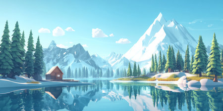 A 3D cartoon-style mountain lake landscape with snow-capped peaks reflecting in the calm, clear water, and a small cabin nestled among the trees. The scene is peaceful and serene, with cool, crisp colors and a sense of quiet solitude.の素材