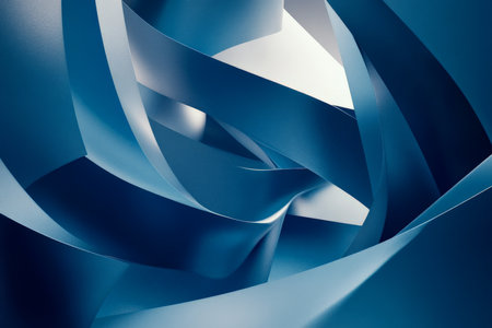 A 3D abstract business background featuring geometric shapes in shades of blue and grey, arranged in a dynamic, flowing pattern. The scene is illuminated with soft, ambient lighting to highlight the depth and dimension.の素材