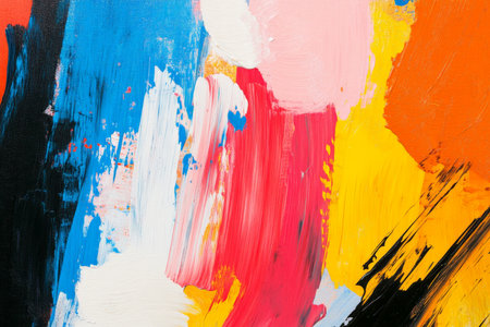 A bold, modern abstract art backdrop featuring thick, expressive brushstrokes in a mix of bright and contrasting colors. The dynamic, spontaneous composition is full of energy, making it perfect for vibrant, creative spaces.の素材
