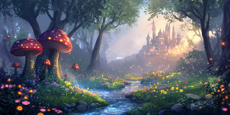 A cartoon landscape of a magical forest with towering mushrooms, glowing flowers, and sparkling streams. A fairy-tale castle peeks through the trees in the distance, with a gentle mist adding to the mystical atmosphere.の素材