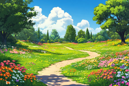 A cartoon backdrop featuring a sunny park with green grass, colorful flowers, and tall trees. A winding path leads through the park, with a clear blue sky overhead and fluffy white clouds.の素材