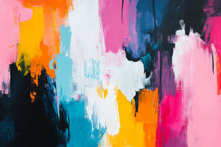 A bold, modern abstract art backdrop featuring thick, expressive brushstrokes in a mix of bright and contrasting colors. The dynamic, spontaneous composition is full of energy, making it perfect for vibrant, creative spaces.の素材