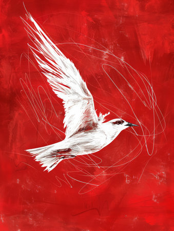 A clean white line sketch of a bird in flight, soaring over a bold red background with a slight grainy texture. The simple yet dynamic lines capture the bird's movement against the vivid, intense color.の素材