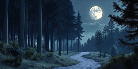 A 3D cartoon-style moonlit forest landscape with tall, dark trees, a winding path, and a full moon casting a soft, silvery light over the scene. The scene is mysterious and serene, with cool, muted colors and a sense of quiet wonder.の素材