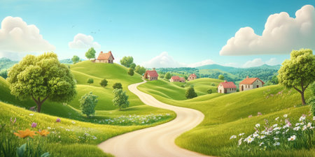 A 3D cartoon-style rolling countryside landscape with gently rolling hills, a few scattered trees, and a winding dirt road leading to a distant village. The scene is peaceful and idyllic, with soft, warm colors and a sense of tranquility.の素材