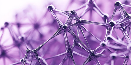 A 3D abstract background featuring a network of interconnected lines and nodes in shades of purple and silver. The design conveys a sense of connectivity and technological advancement.の素材