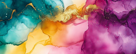 A dynamic scene with an explosion of watercolor paints in rich shades of purple, gold, and teal. The colors blend and flow together, creating a striking and fluid abstract background.の素材
