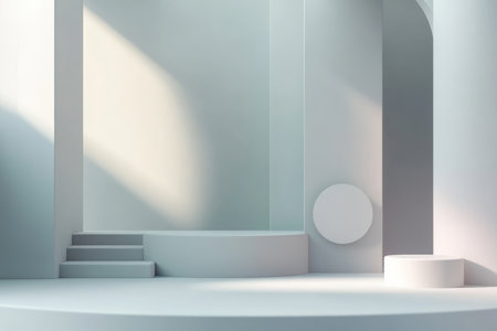 A minimalist 3D abstract background with simple, geometric shapes in soft grays and whites. The clean, uncluttered design conveys a sense of clarity and professionalism.の素材