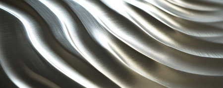 A silver surface with a ribbed texture, featuring parallel grooves that create a wave-like pattern. The surface is illuminated to enhance the depth and dimension of the ribs.の素材