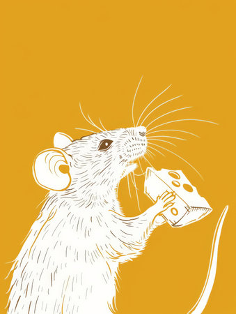 A simple white line drawing of a mouse nibbling on cheese, set against a soft, buttery yellow background with a smooth, matte texture. The playful lines of the mouse create a lighthearted and cheerful visual.の素材