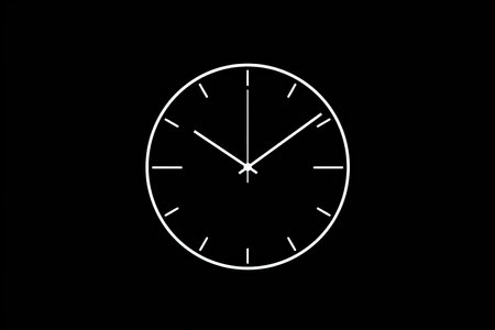 A simple white line drawing on a black background of a clock with its hands pointing to the time. The design emphasizes the importance and clarity of time.の素材