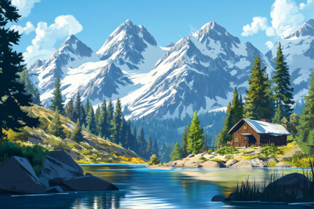 A peaceful cartoon backdrop of a mountain landscape with snow-capped peaks, a clear blue lake, and a small cabin nestled among the trees. The scene is serene and inviting.の素材