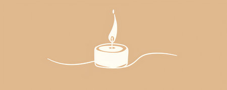 A simple white line drawing on an ivory background of a candle with a small flame. The soft color emphasizes the warmth and comfort of the glowing light.の素材